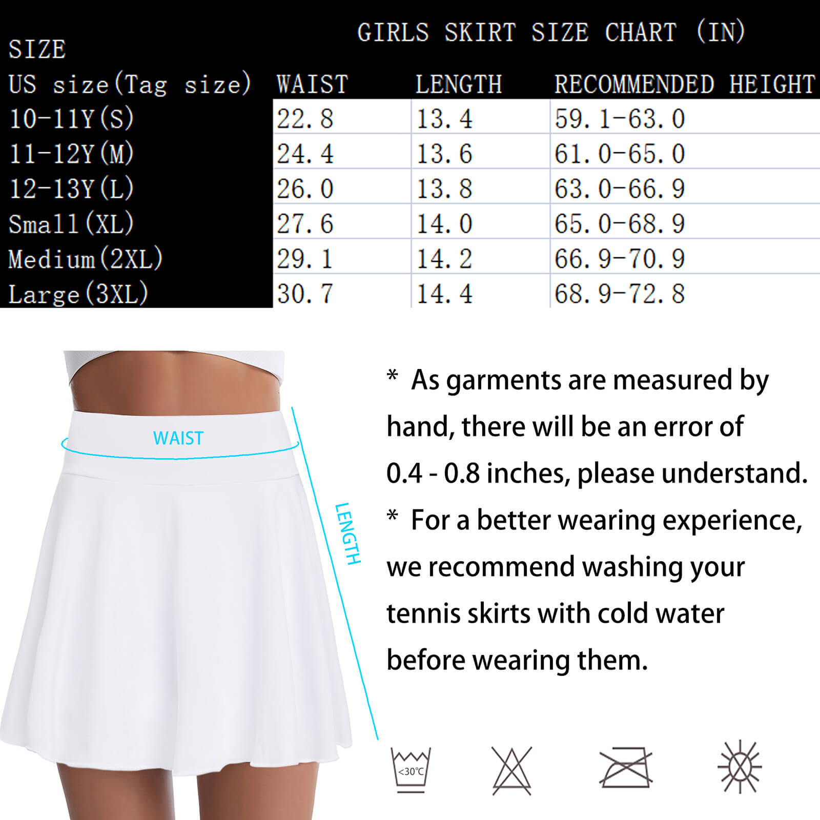 Girl skirt sale size chart